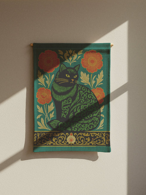 A rectangular woven wall tapestry featuring a stylized Art Nouveau black cat with intricate green scrollwork patterns on its body. The cat sits against a rich teal green background, flanked by two large, burnt-orange poppy flowers on golden stems. The design is symmetrical, with delicate botanical details. A decorative, ornate border in black, gold, and cream runs along the bottom. The textile has a visible, high-quality woven texture, blending polyester and cotton threads.